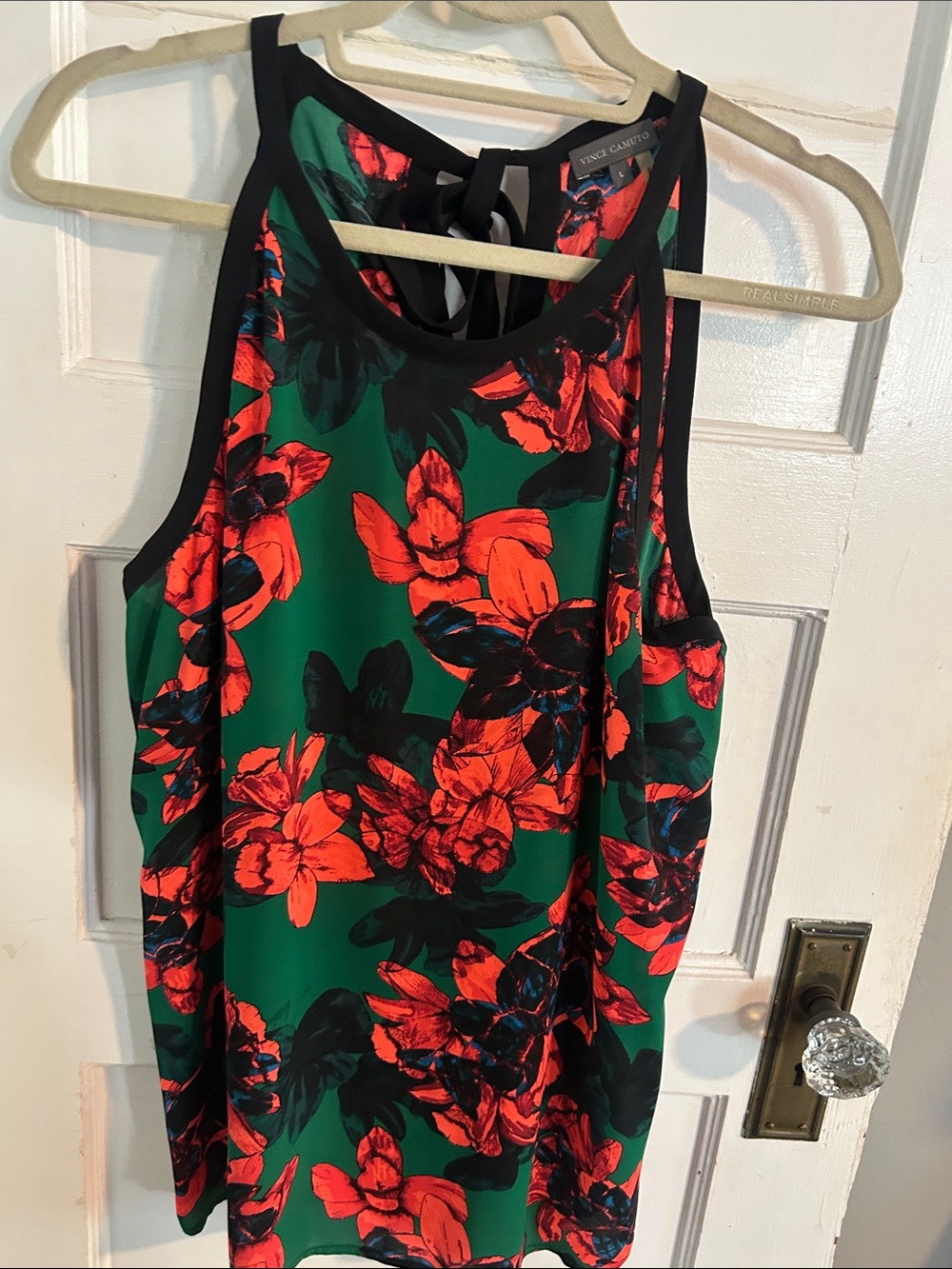 Vince Camuto Green Floral Tank Top with Red Flowers